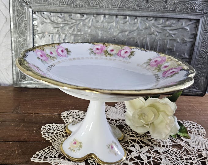 Rare Antique J and C Bavaria ‘Louise' 4-toed Porcelain Compotier: Pink & Yellow Roses