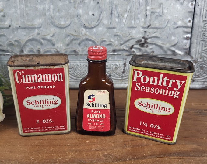 Vintage 1950s Schilling Spice Tins or Almond Extract - 3 to Choose From