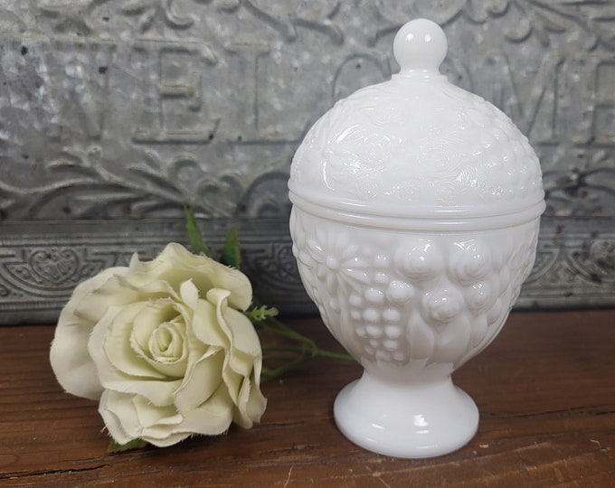 Vtg Avon Milk Glass Pedestal Candy Dish -  Embossed Floral Design