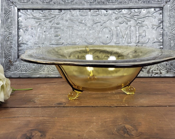 3-Footed and Flared Amber Depression Glass Serving Bowl with Scalloped Edge