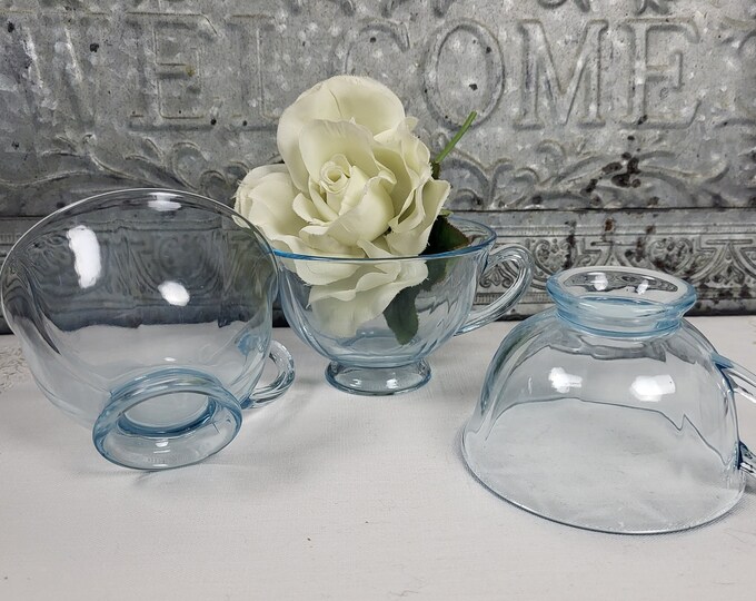 Three Ice Blue Footed Teacups - Fairfax Blue (Line 2375) by Fostoria