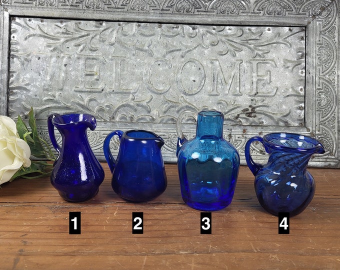 Vintage Cobalt Blue Hand Blown Glass Pitchers - 4 to Choose From