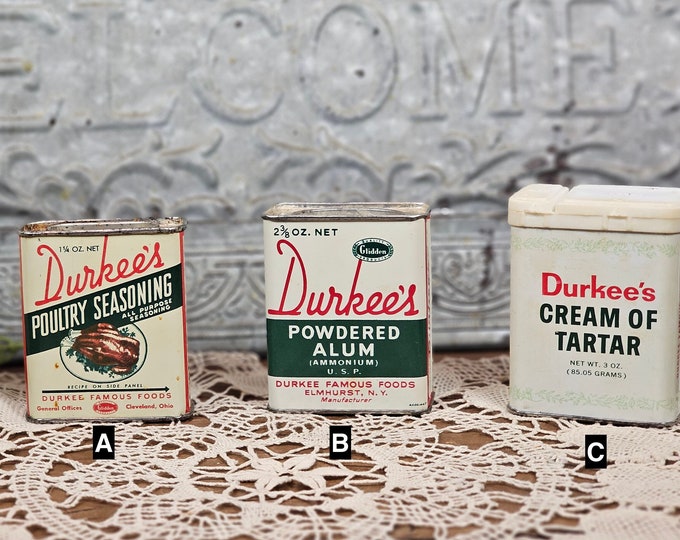 Vintage Durkee's Spice Tins: Choose from Poultry Seasoning, Alum, or Cream of Tartar