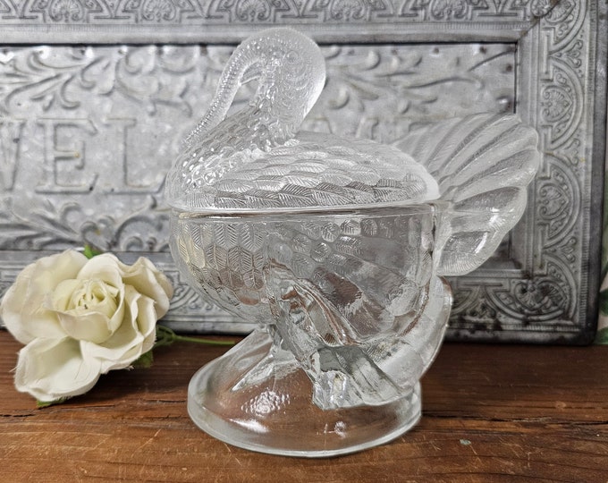 1960s Vintage L.E. Smith Clear Glass Turkey Covered Candy Dish Thanksgiving