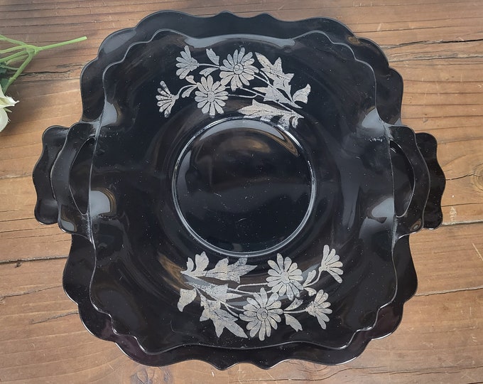 L.E. Smith Black Amethyst Glass Square 2-Handled Cake Plate with Daisies
