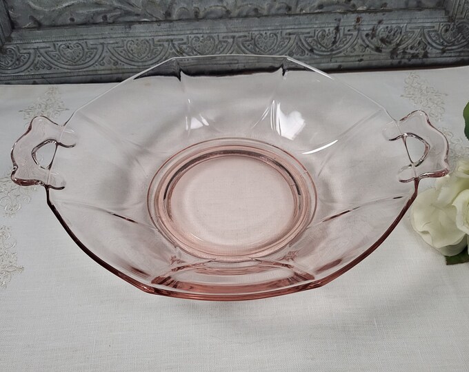 Elegant Glass Pink 2 Handled Octagon Serving Bowl - Manufacturer Unknown - Depression Era