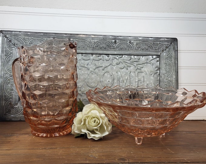 Pink Depression Glass 10” Cube Footed Serving Bowl OR Pitcher |  Jeannette Glass-Co