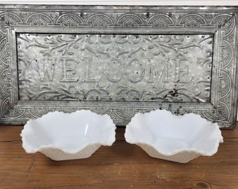 TWO Milk Glass Diamond Point Small Square Candy or Mint Dish with Scalloped Folded Rim - 1930’s