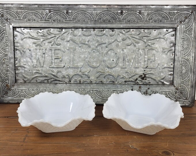 1930s Milk Glass Small Candy Dishes: Diamond Point Scalloped Folded Rim, Set of 2