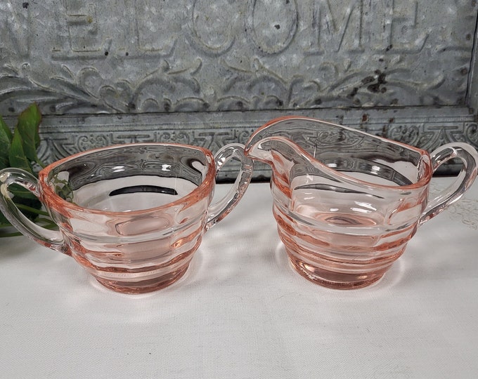 Depression Glass Open Sugar Bowl and Creamer - Party Line Pink by Paden City