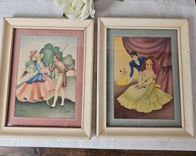 1950s Morris & Bendien Framed Lithographs By Sandré - Set of 2, Victorian Romantic Wall Art