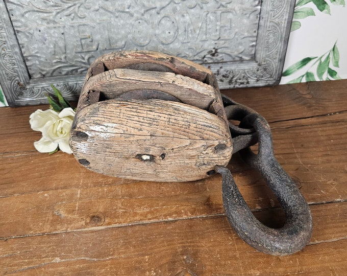 Large Antique Nautical Pulley Ship Block - Vintage Double Pulley Tackle for Rustic Home Decor