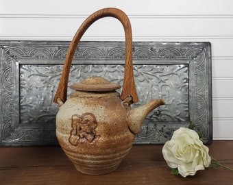 Studio Pottery Hand Thrown Teapot with Unusual Wooden Handle -  Signed Grarno