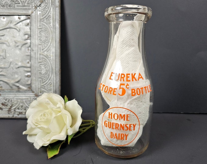 1930s Eureka Home Guernsey Dairy 1-pt Pyroglaze Milk Bottle - Store 5 Cents Bottle