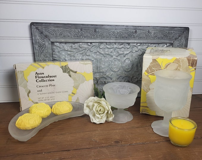 1970s Avon Flowerfrost Collection: Choose Water Goblet, Sherbet Cup, OR Crescent Plate with soaps