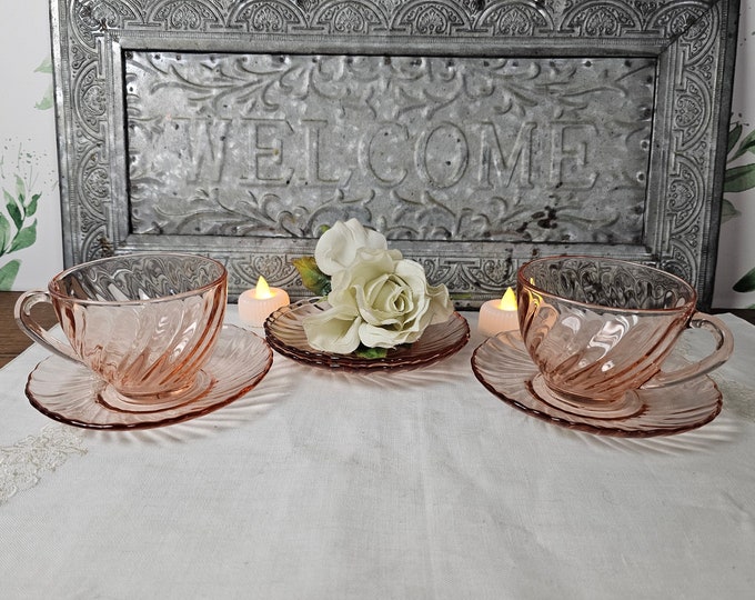 1990s Rosaline Pink Arcoroc Teacups and Saucers - France
