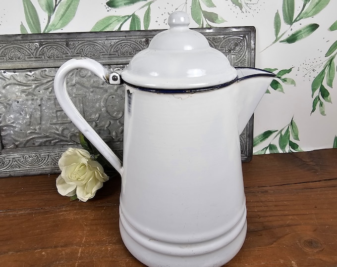 Vintage White Enamelware Coffee Pot: Blue Trim Farmhouse Kettle