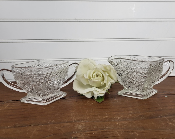 Vintage Indiana Glass Sandwich Clear Creamer and Sugar Bowl Set