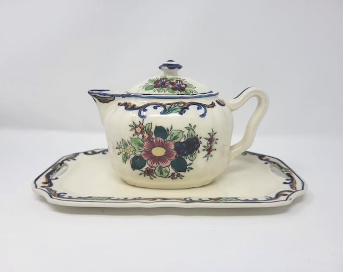 Vintage Blue White Red Flowers Moriyama Made in Japan Teapot and Tray