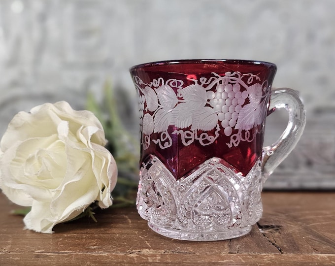 1897 EAPG Ruby Stain Heart Band Souvenir Cup | McKee & Bros. #139