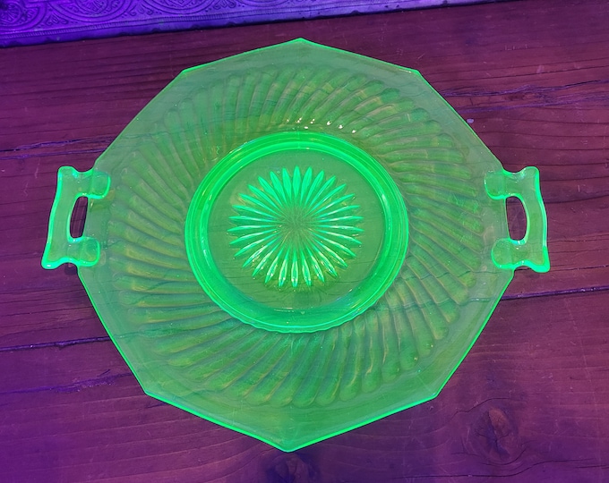 Glowing Uranium Glass Handled Cake Plate - Twisted Optic Green by Imperial Glass-Ohio