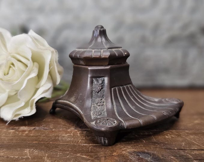 Antique Art Nouveau Cast Bronze Desk Inkwell | Victorian Desk Accessory
