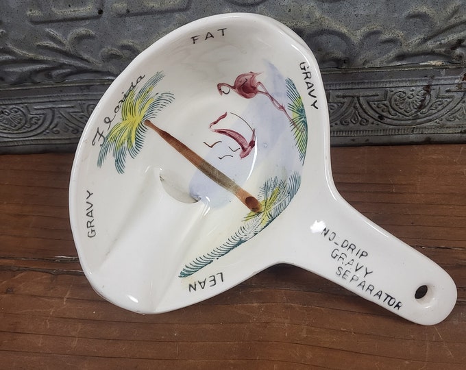1950s Florida Souvenir Ceramic Gravy Separator: Pink Flamingo, Palm Tree, Boat