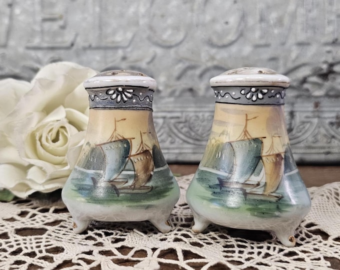 Victorian Era 3-Footed T.S. Nippon Sailing Ships Salt and Pepper shakers