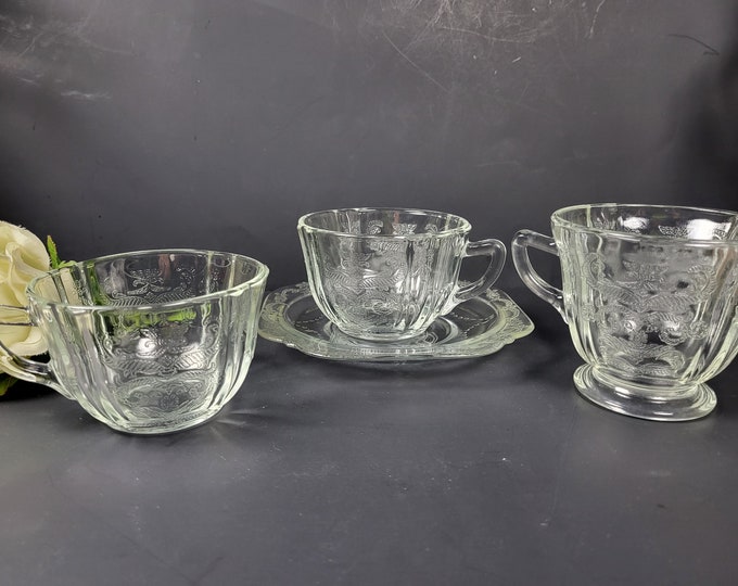 1970s Indiana Glass Creamer, Cup, or Cup and Saucer Set - Recollection Clear