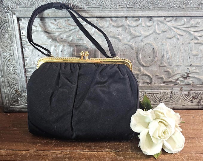 1960s H-L USA Harry Levine Black Evening Purse - Attached Coin Purse | Pegi Paris Mirror
