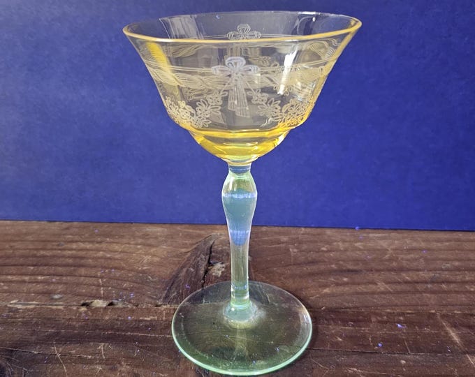 Amber Champagne Glass - Maryland Glass Co. Ribbon Etch | Elegant from the Depression Era