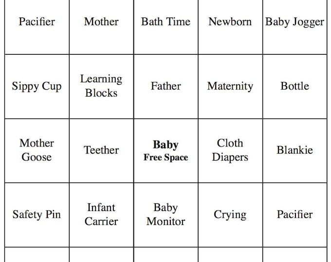 50 Individual Printable Baby Shower Bingo Cards