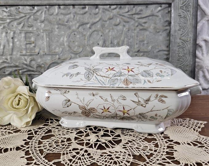1890s Alfred Meakin “Morning Glory” Pattern Royal Ironstone Handled Vegetable Tureen - Transferware