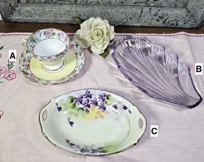 Victorian Home Decor: Rosina Teacup, Nippon Violet Candy Dish, or 1888 EAPG Pickle Dish