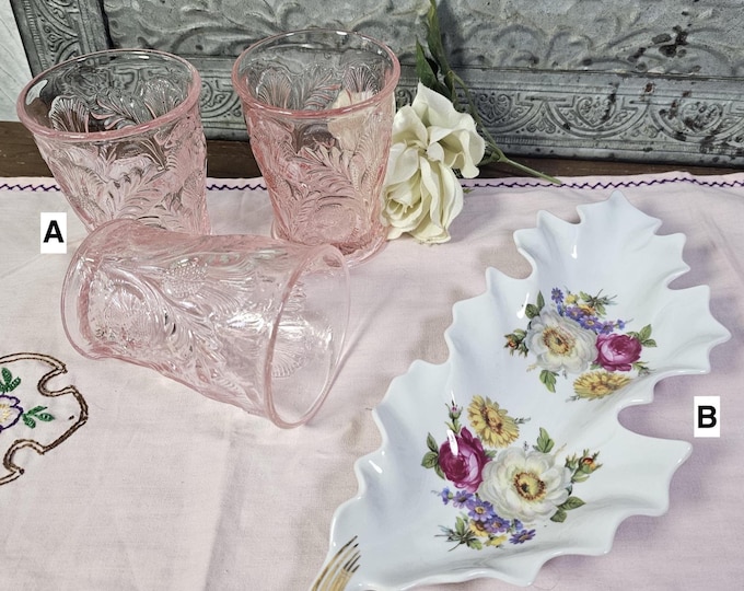Vintage Cottagecore Decor: Mosser Glass Inverted Thistle Tumbler or Old Nuremberg Floral Trinket Dish