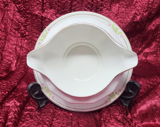 1926 Edwin M Knowles 1-pc Gravy Boat and Under Plate: Pink Roses & Gold Gild