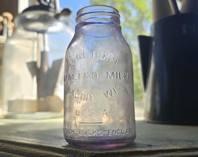 Early 1900s Horlick’s Malted Milk Lavender Glass Bottle| Racine Wis. and Slough Bucks England