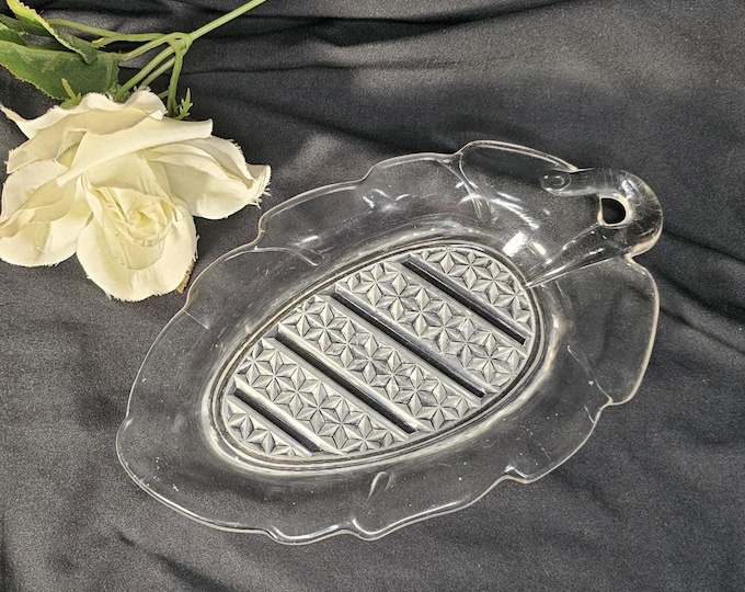 1885 Bryce Brothers Leaf Relish Dish, Diamond Quilted/No. 1000 Pattern, Vintage Glass (chip)
