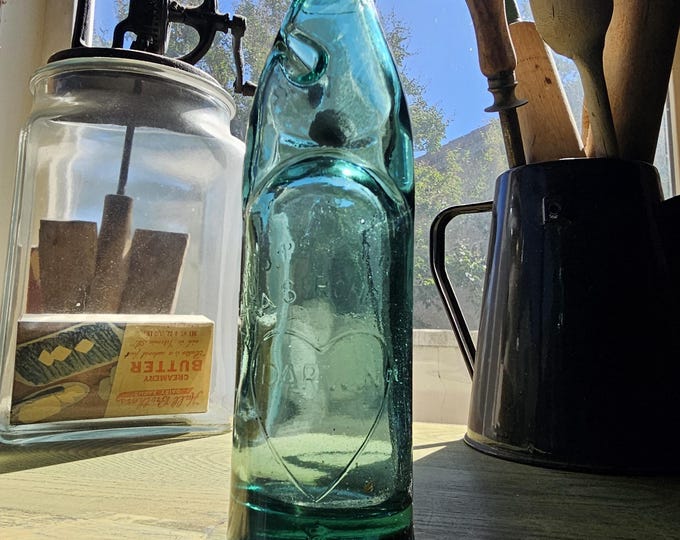 Vintage Mahalakshmi Glass Works Codd-Neck Bottle | Aqua Glass - Black Marble | Darwin in a Heart