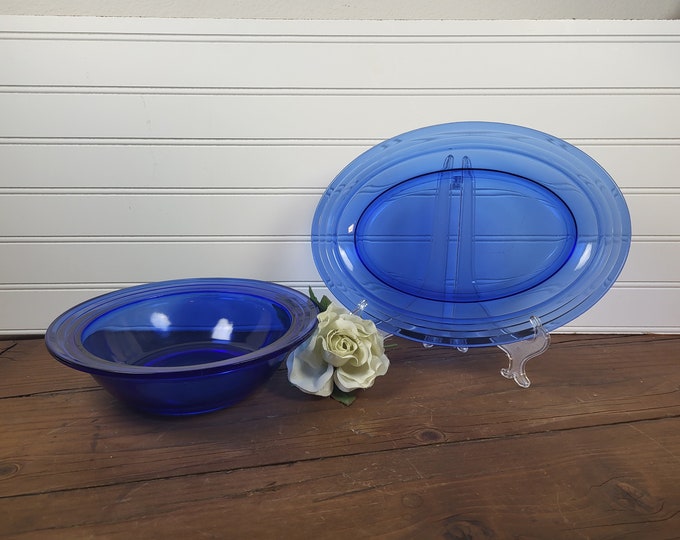 Moderntone Depression Glass Serving Dishes - Cobalt Blue Oval Platter OR 9” Serving Bowl
