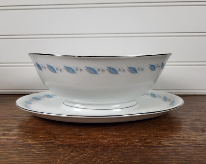 Abalone China Sky Flower Design Pat. N459 Japan Gravy Boat with attached under plate
