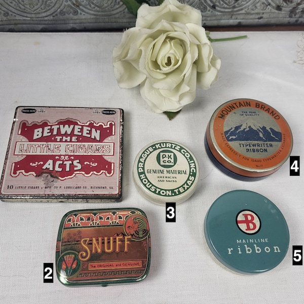 1960s Vtg Advertising Tins - Between the Acts, Snuff, Prague-Kurtz, Round Mountain and Round Mainline Typewriter Ribbons