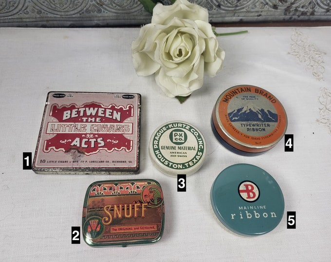 Vintage 1960s Advertising Tins:  Between the Acts| Snuff | Prague-Kurtz | Round Mountain | Round Mainline Typewriter Ribbons