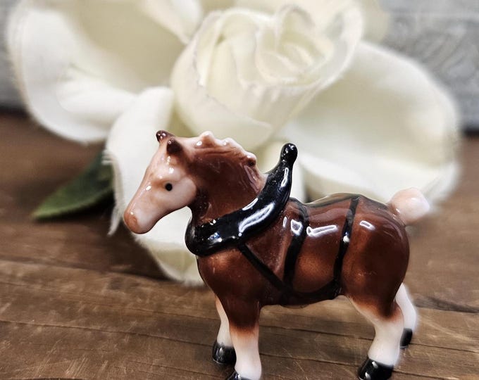 Vintage 1980s Bug House Hand Painted Draft Horse in Harness - Collectible Animal Miniatures