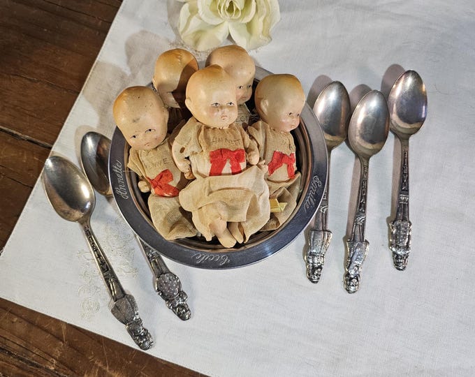 Vintage 1930's Dionne Quintuplets 4.5” Bisque Doll Set with Bowl and Carlton Silverplate Spoons