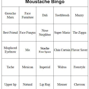 50 Cartões de Bingo de Bigode Individuais para Imprimir para Chá de Bebê ou Festa de Aniversário