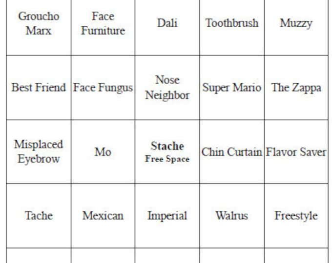 50 Individual Printable Mustache Bingo Cards for Baby Shower or Birthday Party