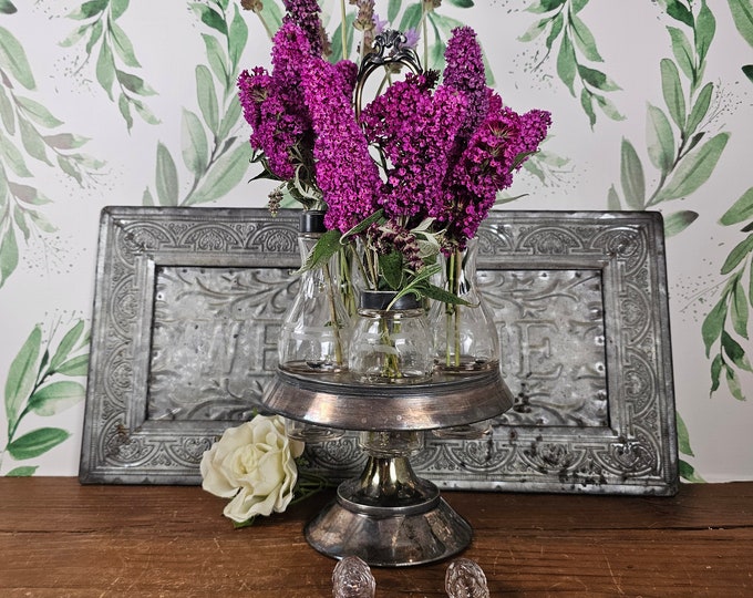 1920s Meriden Silver Plate Cruet Set: EAPG Corn Flower Caddy