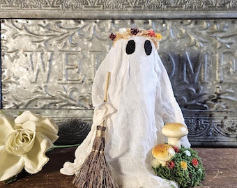 Primitive Handmade Cheesecloth Whimsical Woodland Fall Ghost | Old Fashioned Cottagecore Decor