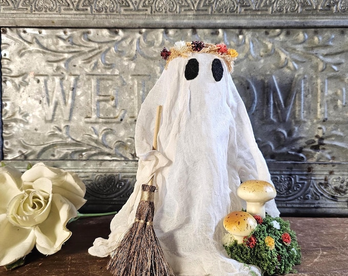 Primitive Handmade Cheesecloth Whimsical Woodland Fall Ghost | Old Fashioned Cottagecore Decor